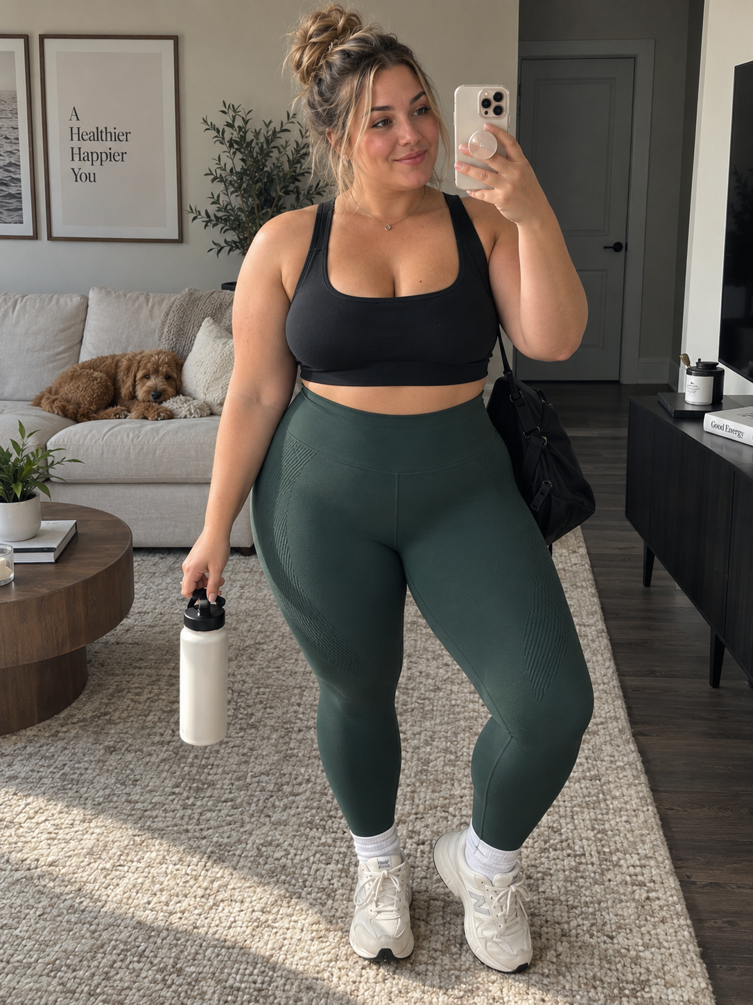Customer in a black sports bra and forest green leggings in her living room